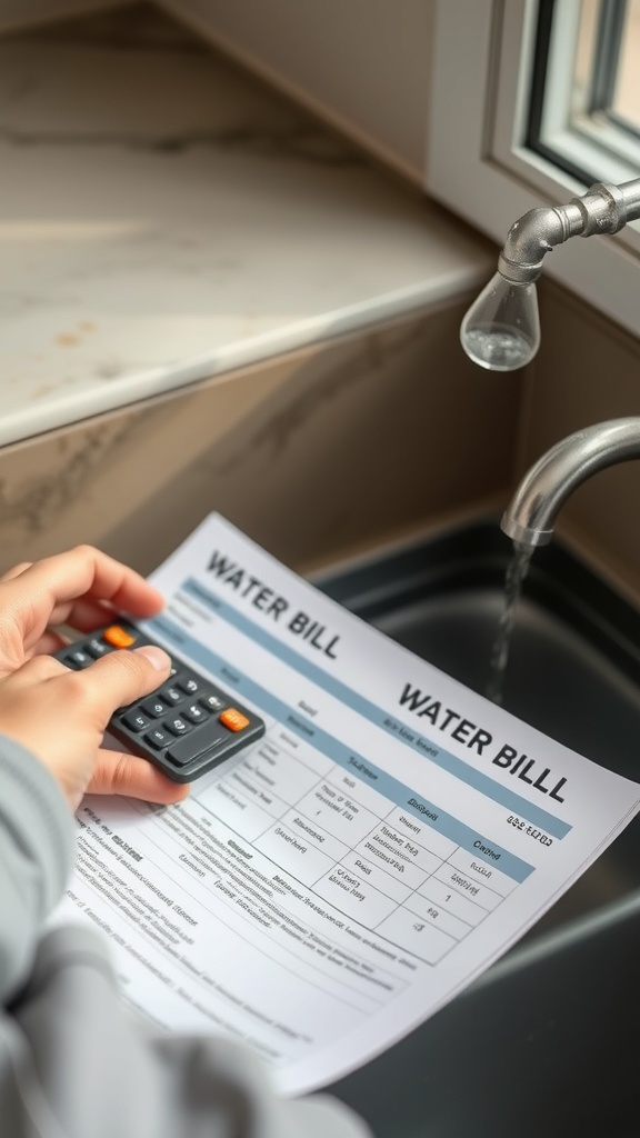 A person calculating their water bill while looking at a faucet.