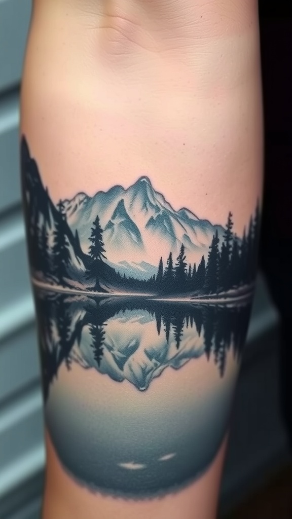 Mountain lake scene tattoo featuring mountains and trees reflected in water.