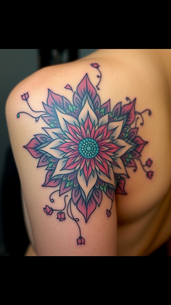 A colorful multi-layered blossom mandala tattoo on the shoulder.