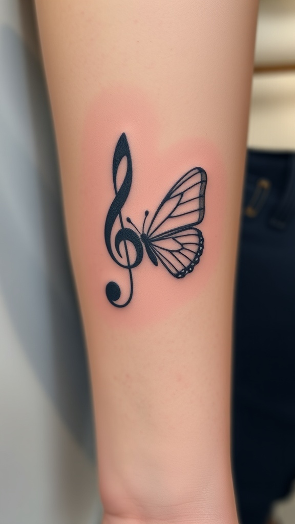 A tattoo featuring a music note intertwined with a butterfly design.