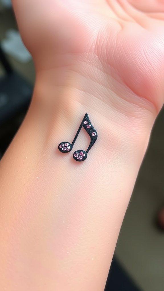 A wrist tattoo of a music note with sparkles.
