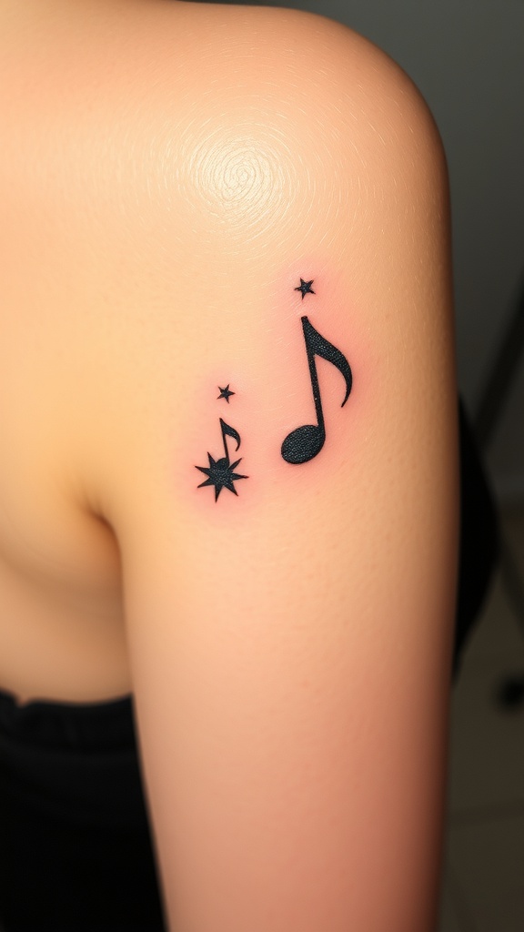 Tiny music note tattoo with stars on a shoulder