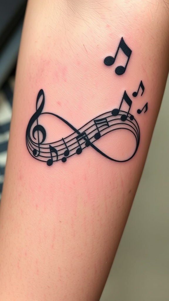 A tattoo design featuring a musical infinity loop with notes.