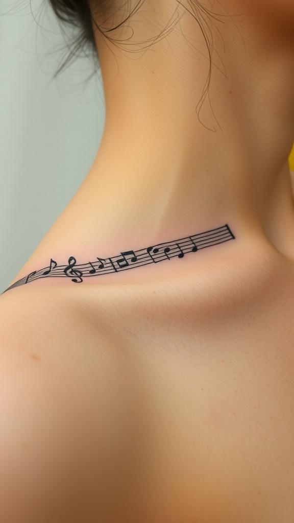 Tattoo of a musical staff with notes across the collarbone