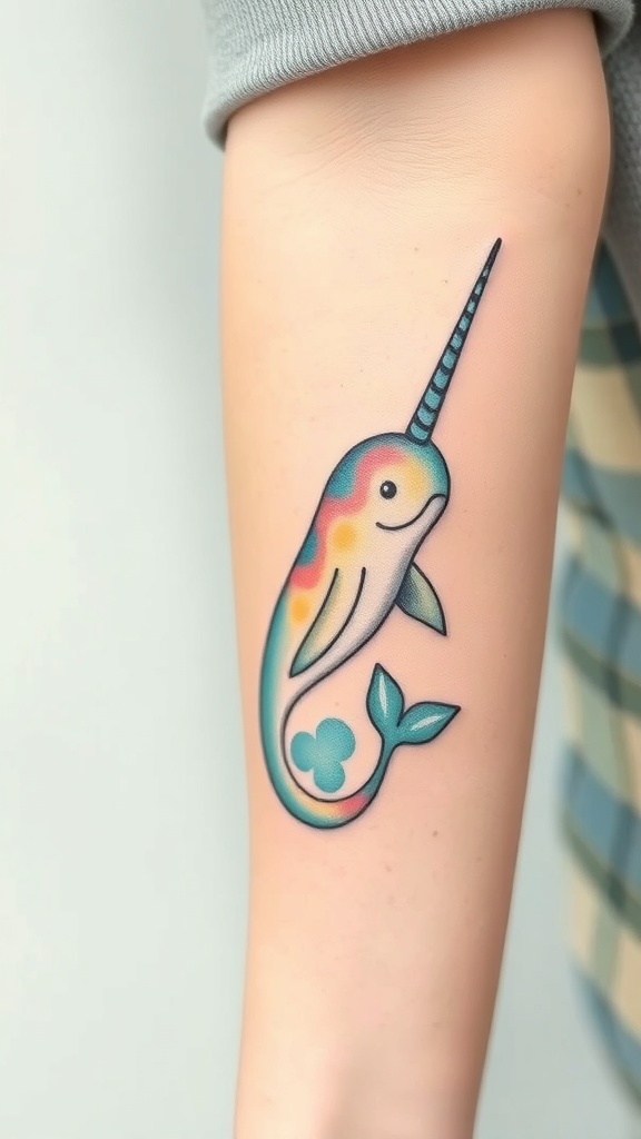 Colorful narwhal tattoo on a person's arm