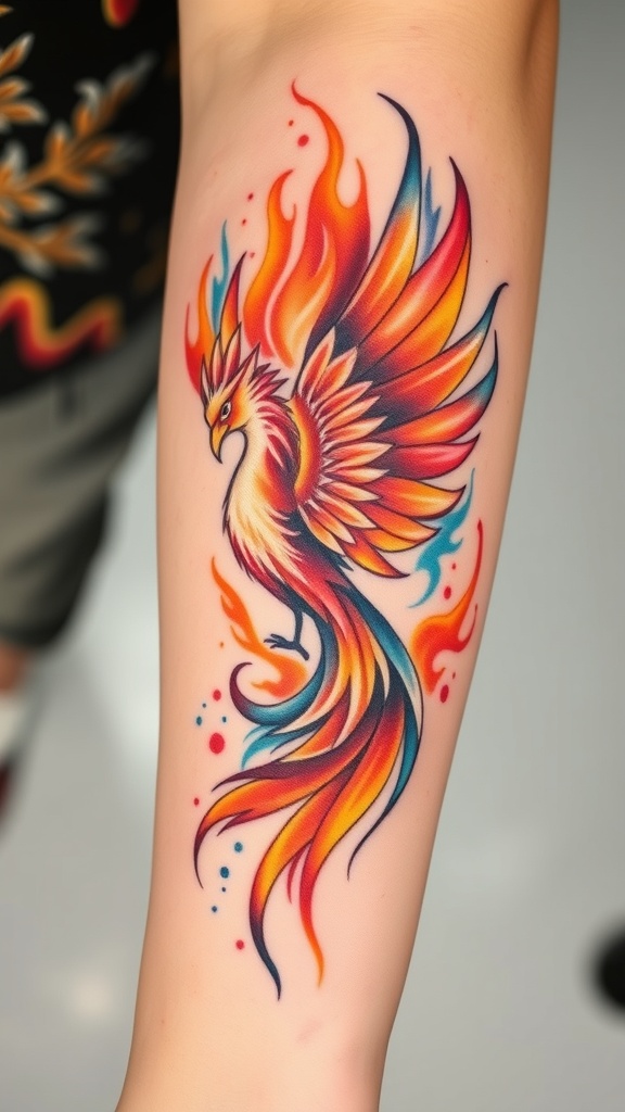 A colorful tattoo of a phoenix rising from flames, showcasing vibrant reds, oranges, and blues.