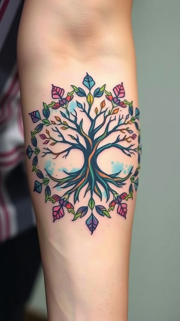 A colorful mystical tree mandala tattoo on a person's arm.