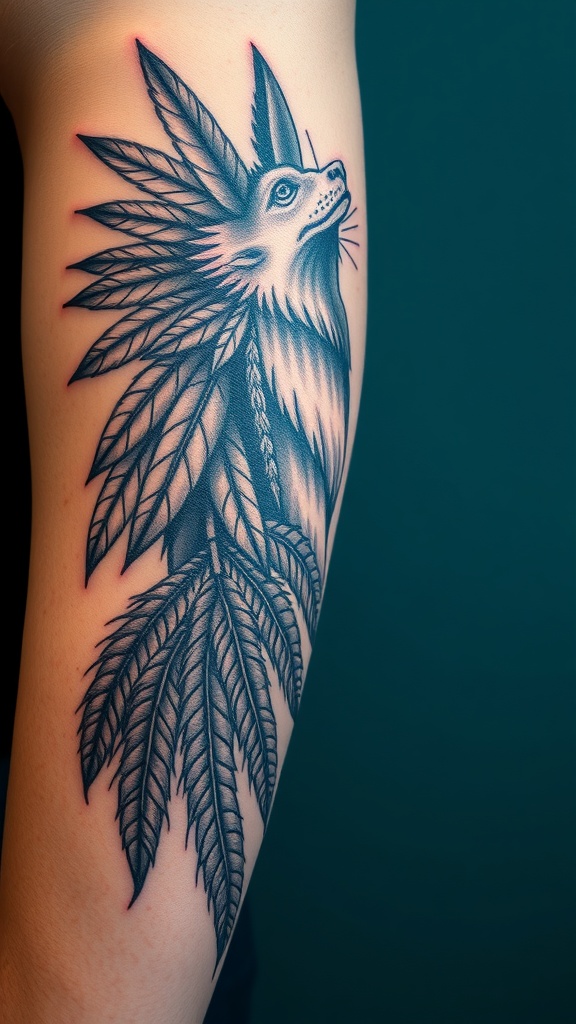 Tattoo of a fox with feathers and leaves, representing Native American spirit animals.