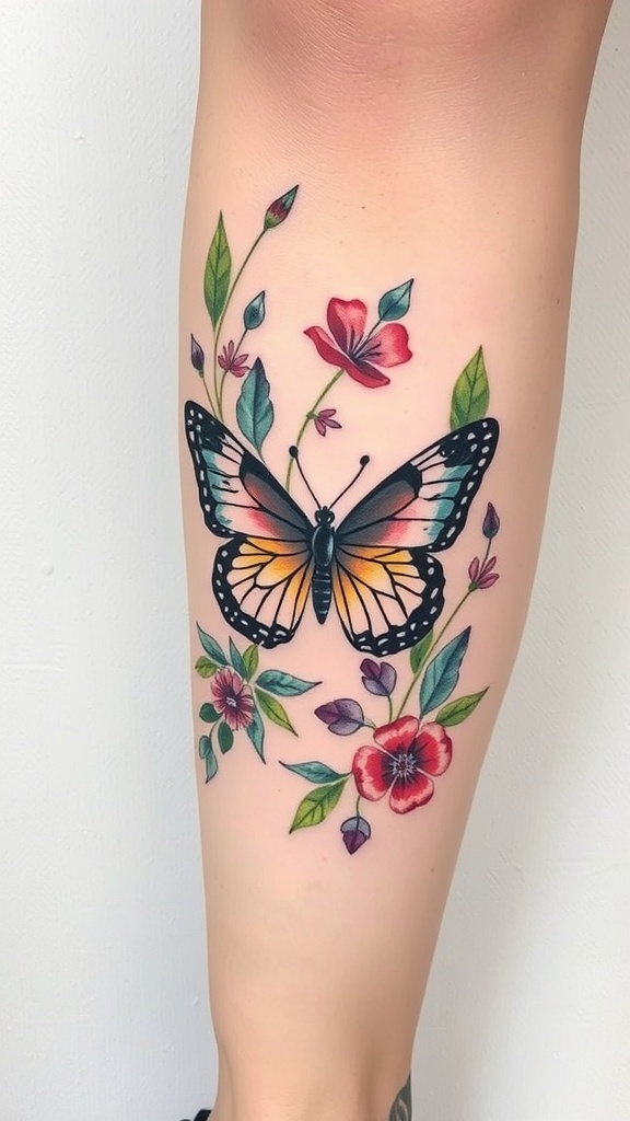 A vibrant watercolor tattoo of a butterfly surrounded by flowers on a person's leg.