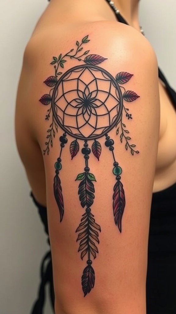 A nature-inspired dreamcatcher tattoo featuring leaves and feathers.