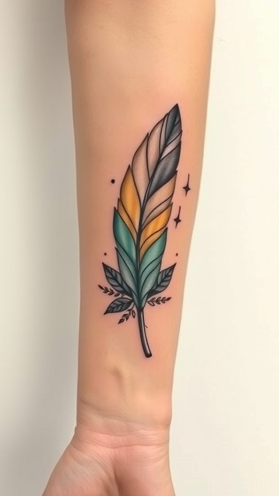 A colorful tattoo of a feather intertwined with green leaves on a person's forearm.