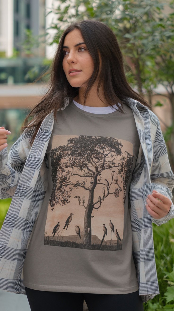 Model wearing a nature-inspired graphic tee with a tree and birds design, styled with a flannel shirt.