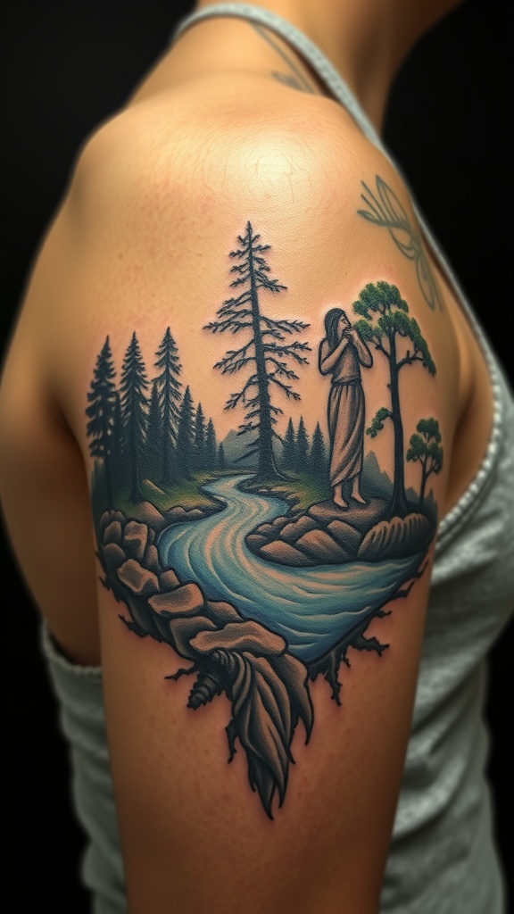 A tattoo featuring a figure among trees and a river on a person's shoulder.