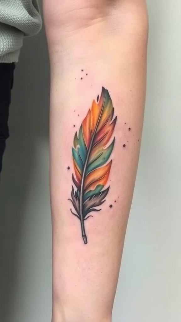 Colorful watercolor feather tattoo on forearm