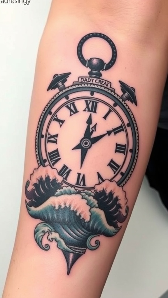 A tattoo of a nautical clock with waves underneath, showcasing intricate details.