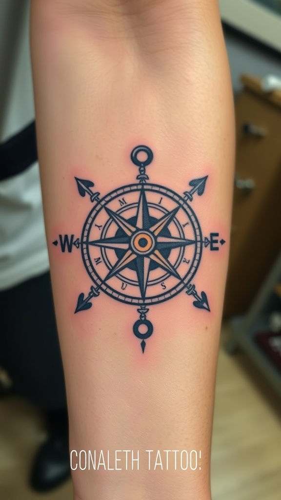 A detailed nautical compass tattoo on a person's forearm.