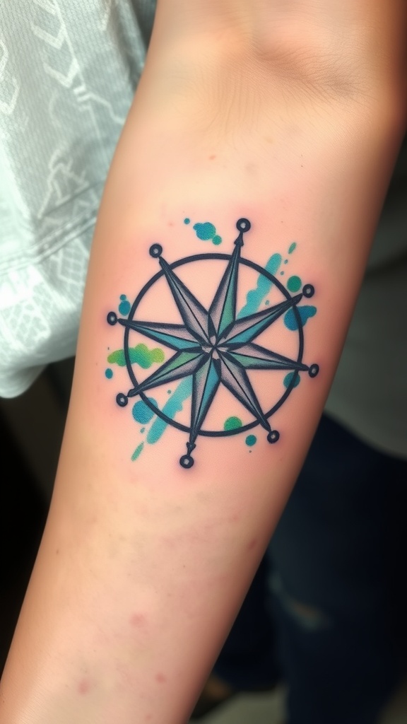 A nautical star compass tattoo featuring sharp lines and watercolor splashes.