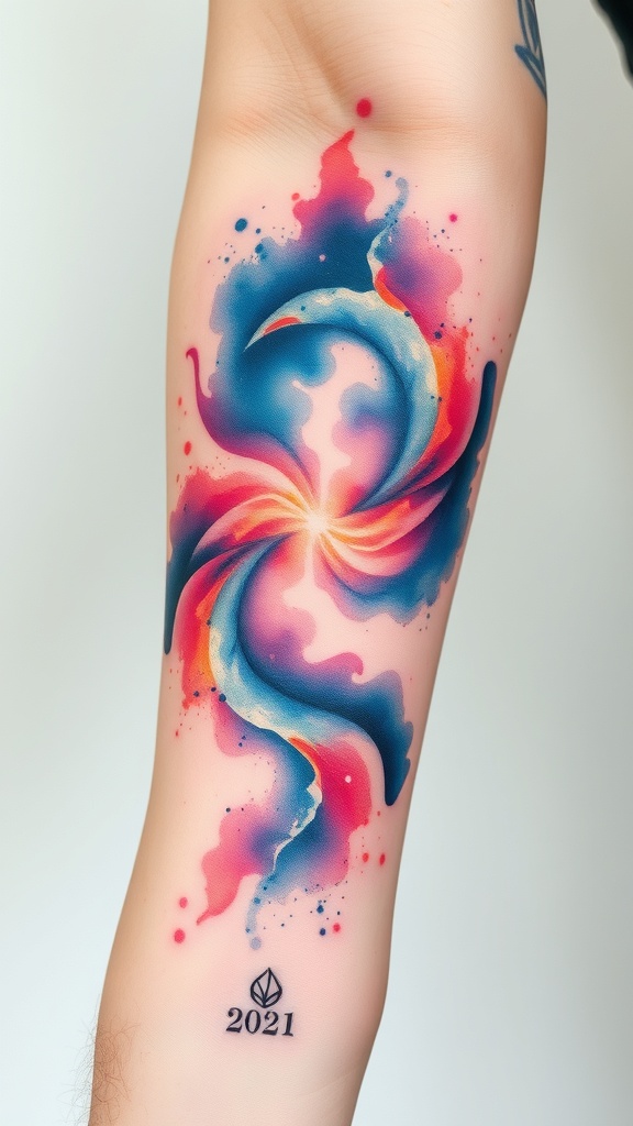 A colorful nebula swirl tattoo featuring vibrant hues of blue, pink, and purple on a person's arm.