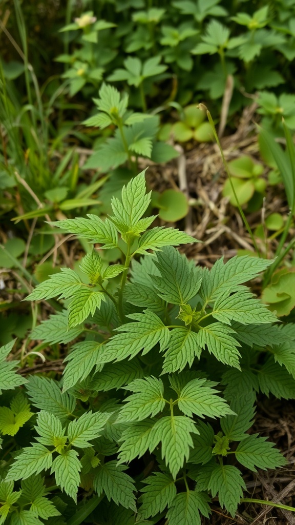 Green nettle plants growing in a garden.