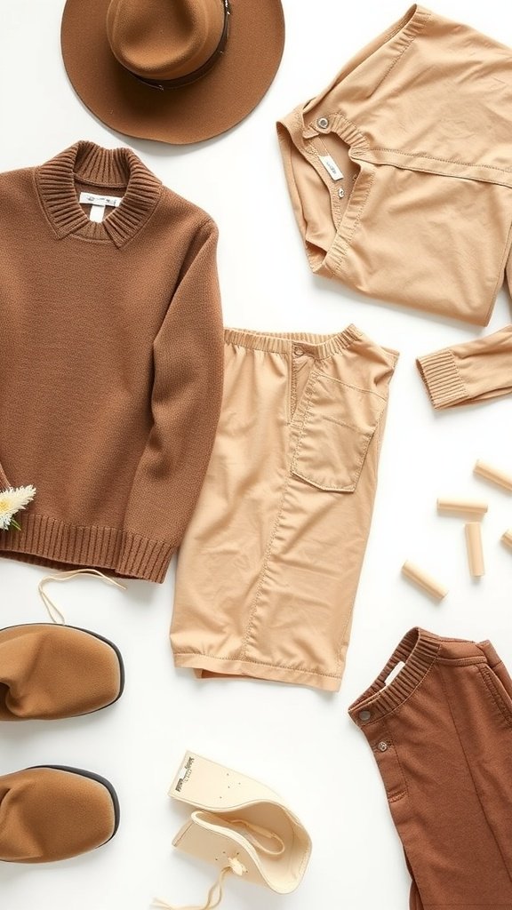 Various neutral clothing items including a brown sweater, beige shorts, and accessories.