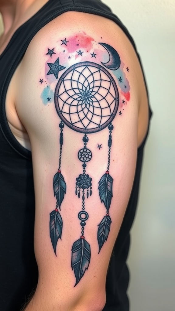 A tattoo of a dreamcatcher with stars and a crescent moon in a night sky theme.