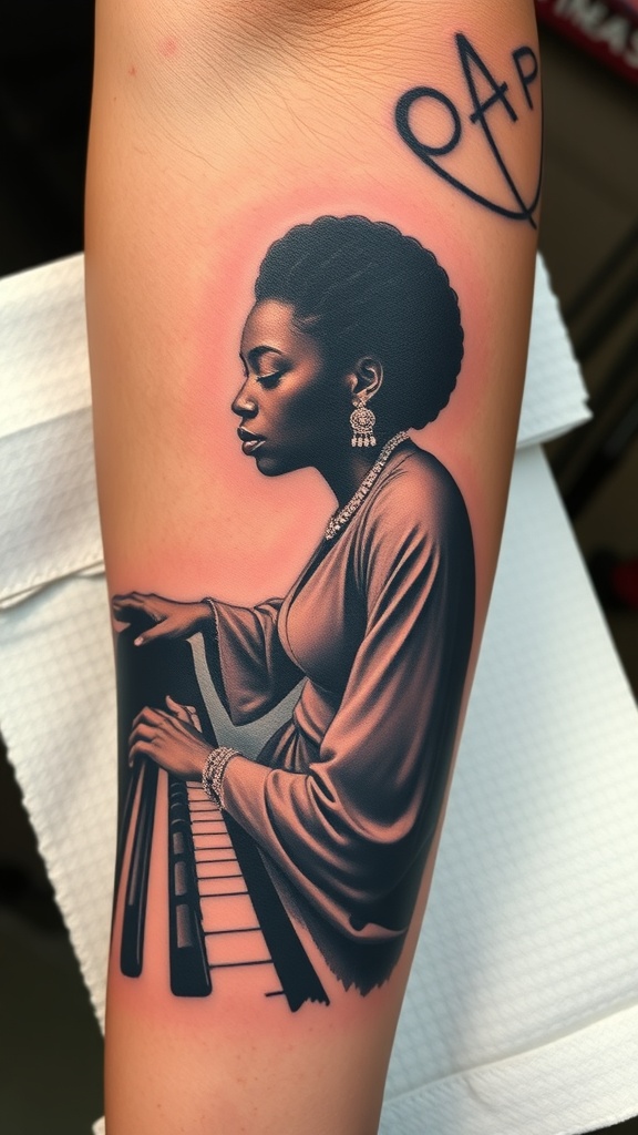 Tattoo of a woman playing piano, representing Nina Simone.