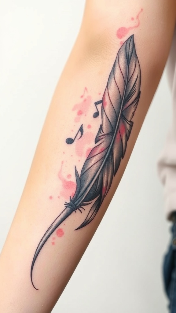 A tattoo design featuring a feather intertwined with music notes, showcasing a blend of artistic elements.