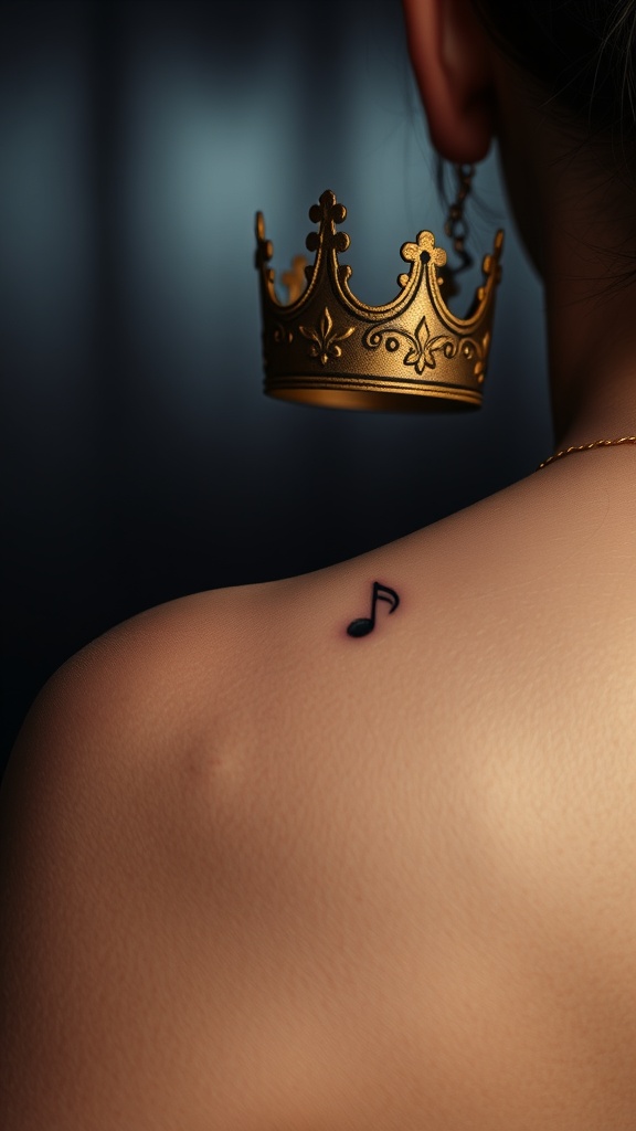 A small music note tattoo with a crown on a person's back.