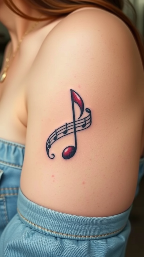A colorful tattoo of a musical note with a ribbon on a person's arm.