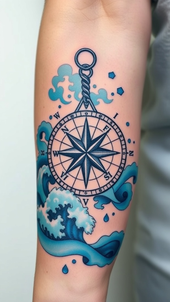 Ocean-inspired compass tattoo with waves and blue colors