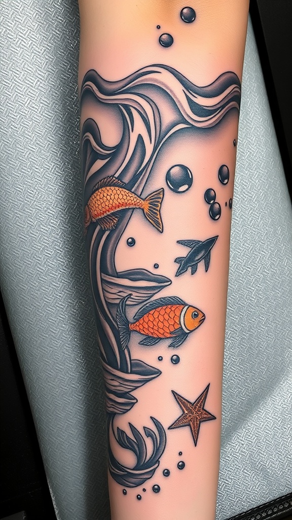 Ocean-themed tattoo featuring fish, bubbles, and a starfish.