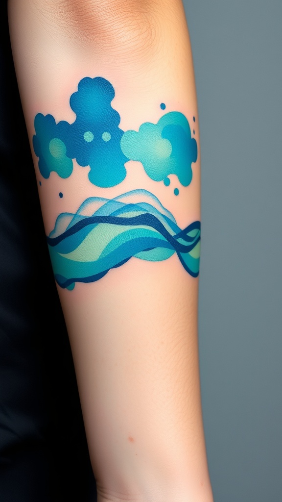 A vibrant ocean wave inspired splash tattoo on an arm.