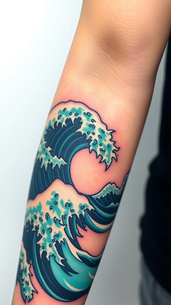 A colorful ocean wave tattoo on a person's forearm.