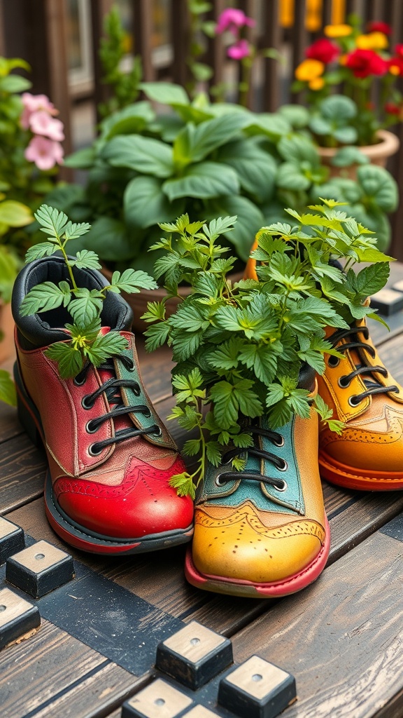 Colorful old shoes used as planters with green herbs growing out of them.