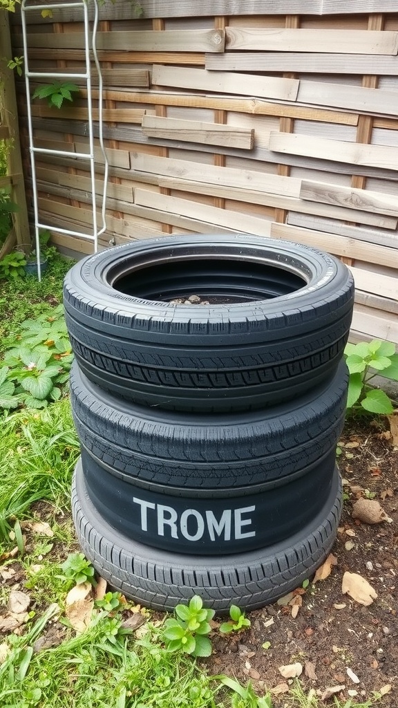 A stack of old tires used as a compost bin in a garden.