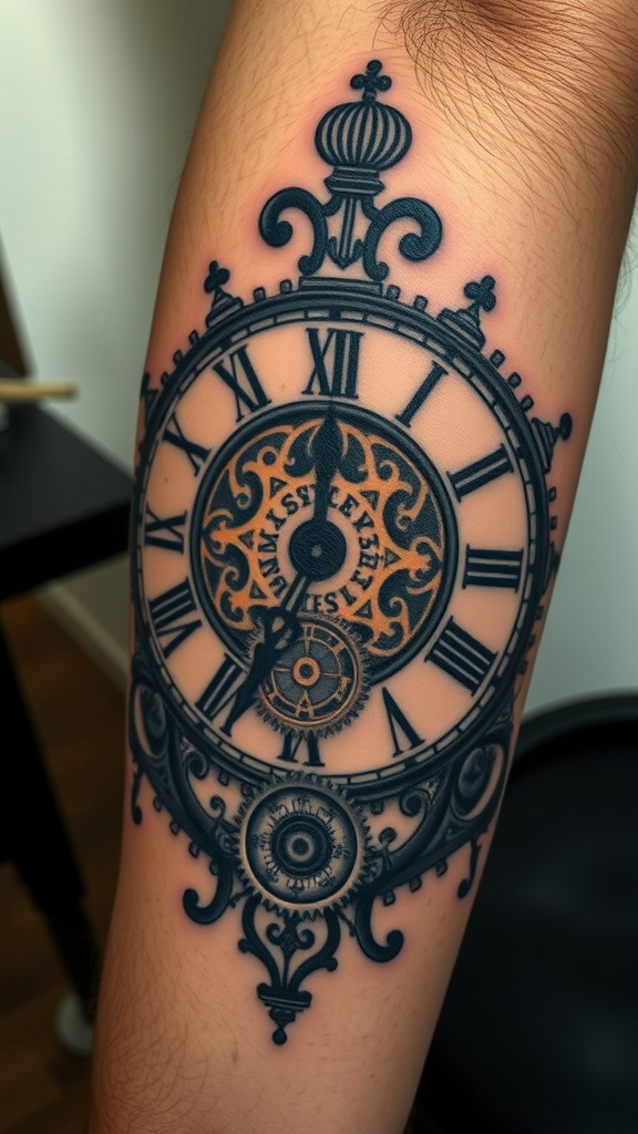 A detailed clock tattoo featuring intricate designs and a sense of optical depth.