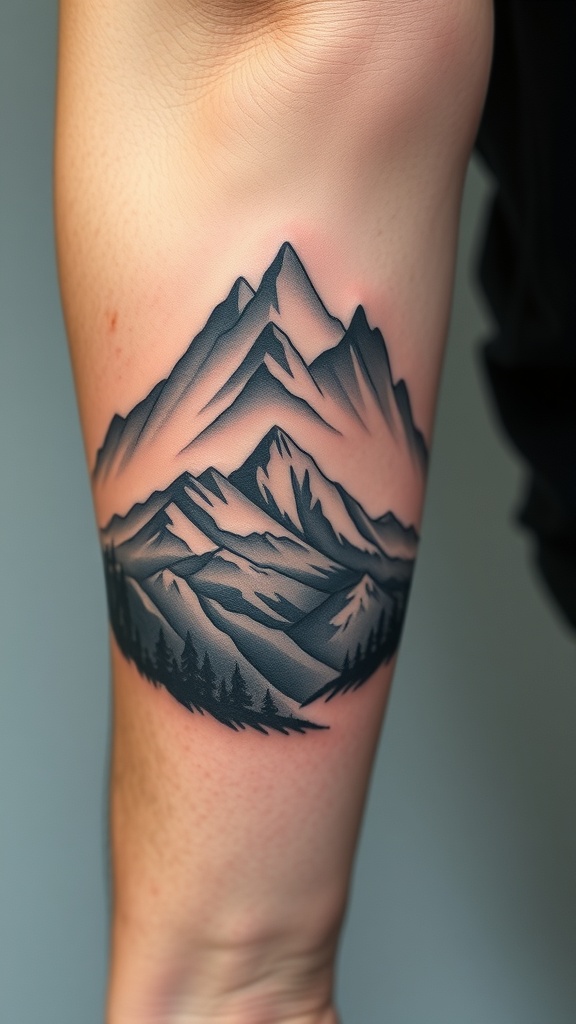 Realistic mountain landscape tattoo with optical depth