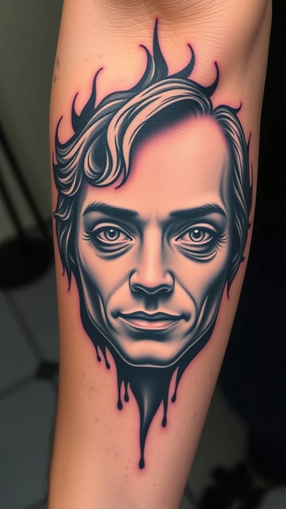 A realistic tattoo of a face with an optical illusion effect.