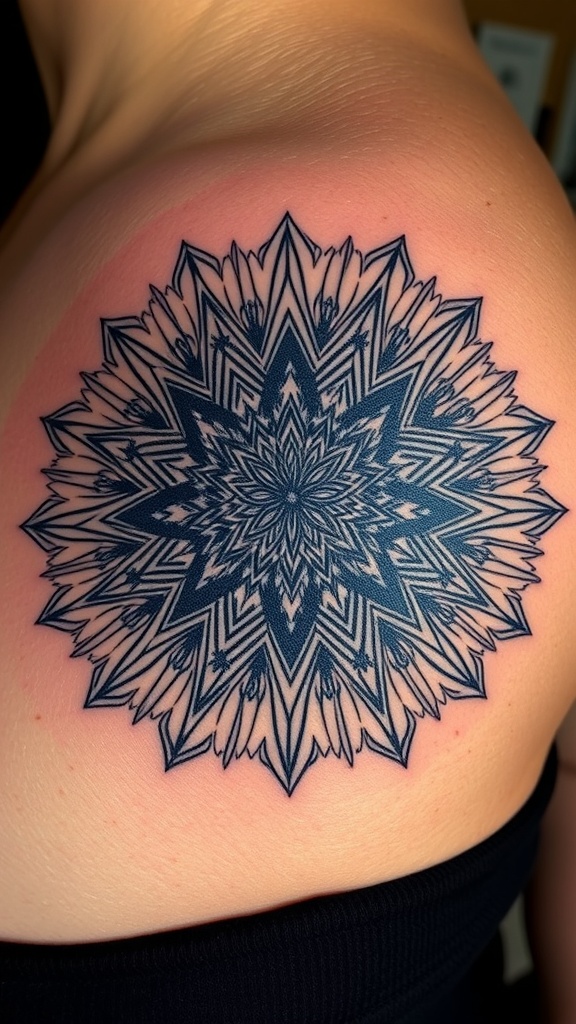 A woman with a large geometric tattoo on her back, featuring intricate optical illusion patterns.