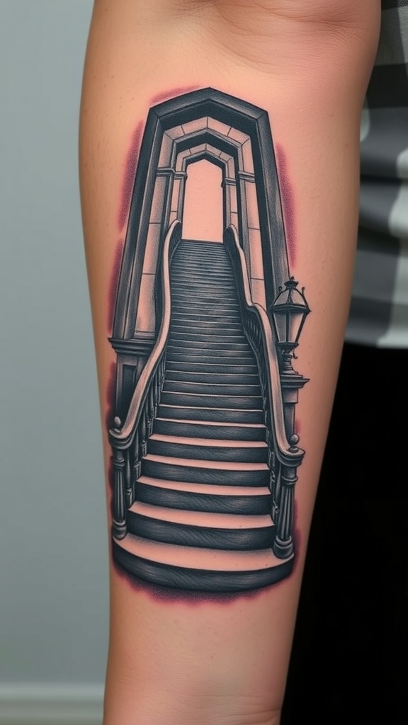 A tattoo of a staircase with an optical illusion effect.