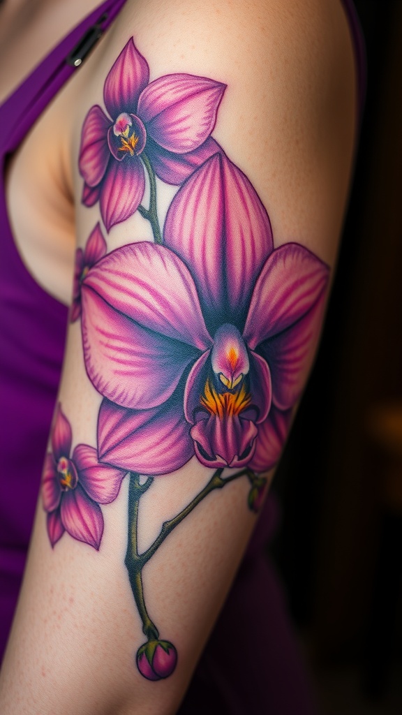 A vibrant orchid tattoo on a person's chest, showcasing intricate details and colors.