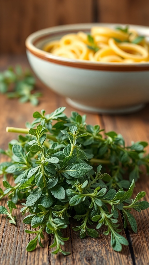 Fresh oregano sprigs next to a bowl of pasta.