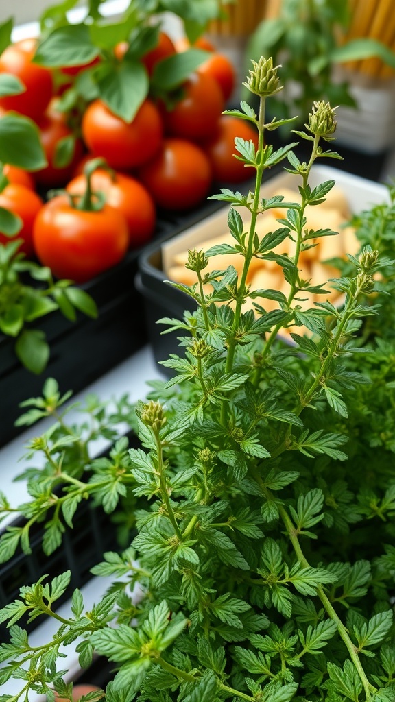A close-up of lush oregano plants with tomatoes in the background.