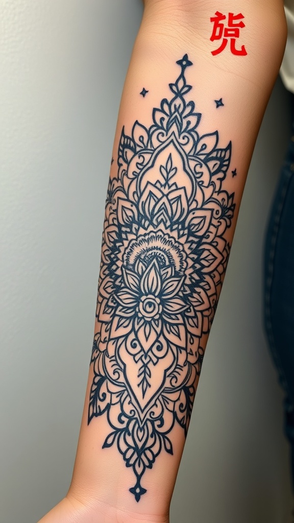 Ornate jasmine mandala tattoo on forearm