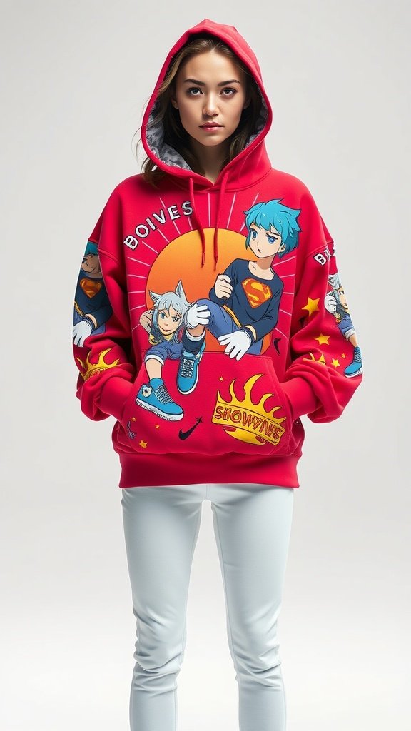 A person wearing a vibrant oversized hoodie featuring colorful graphics.