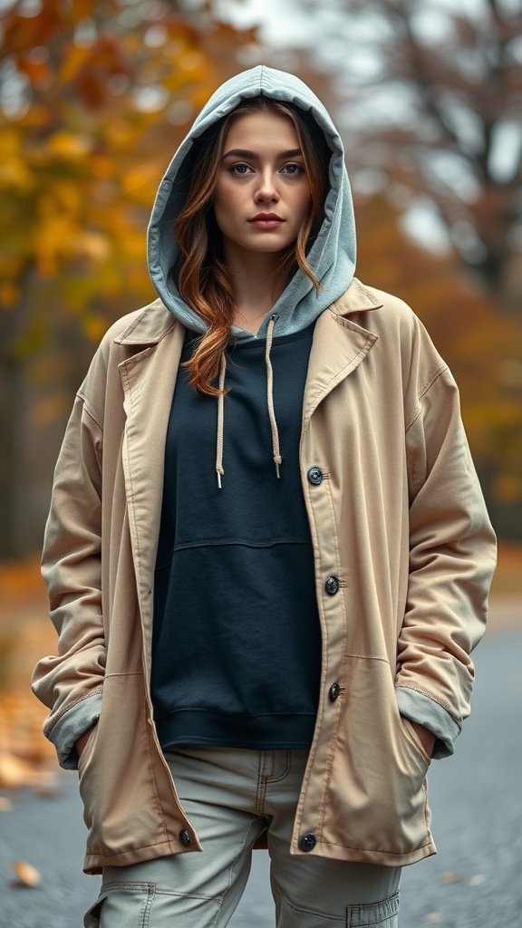 A woman wearing a black oversized hoodie under a beige jacket, standing outdoors with autumn leaves in the background.
