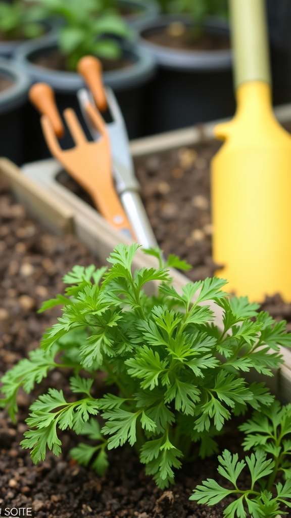 Fresh parsley plant growing in soil with gardening tools in the background.