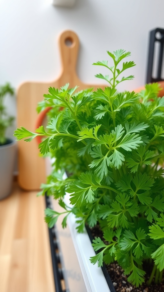 Close-up of lush parsley growing in a hydroponic setup.