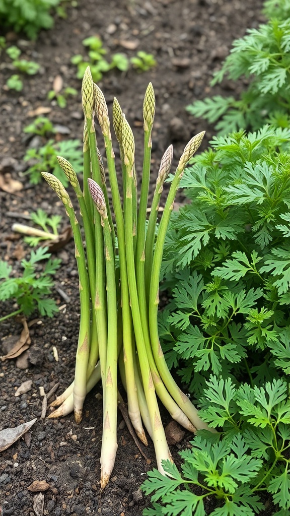 Fresh asparagus shoots growing next to parsley in a garden bed.