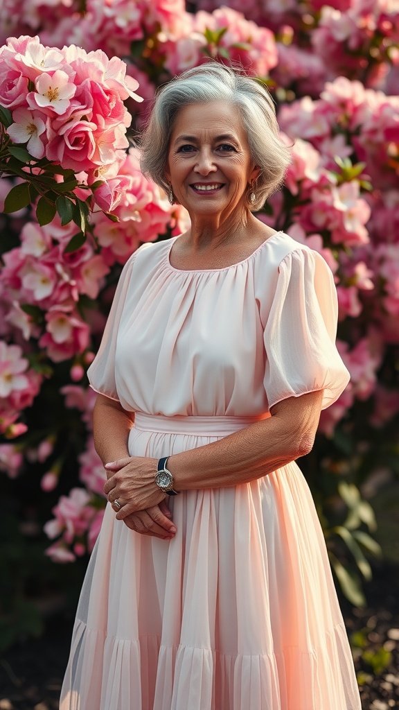 A woman in a pastel-colored dress standing among blooming flowers.